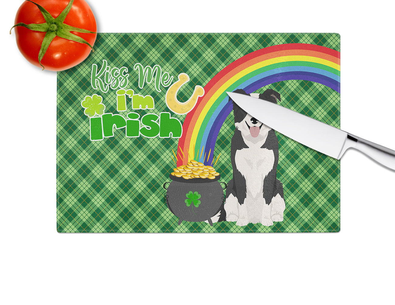 Black and White Border Collie St. Patrick's Day Glass Cutting Board Large - the-store.com