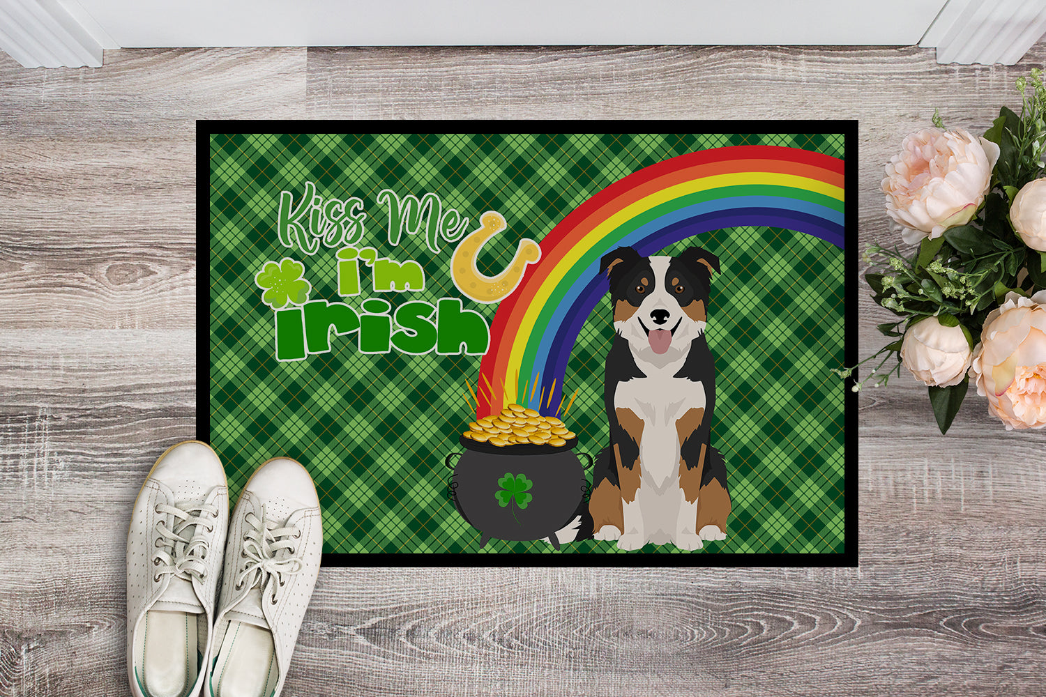 Tricolor Border Collie St. Patrick's Day Indoor or Outdoor Mat 24x36 - the-store.com