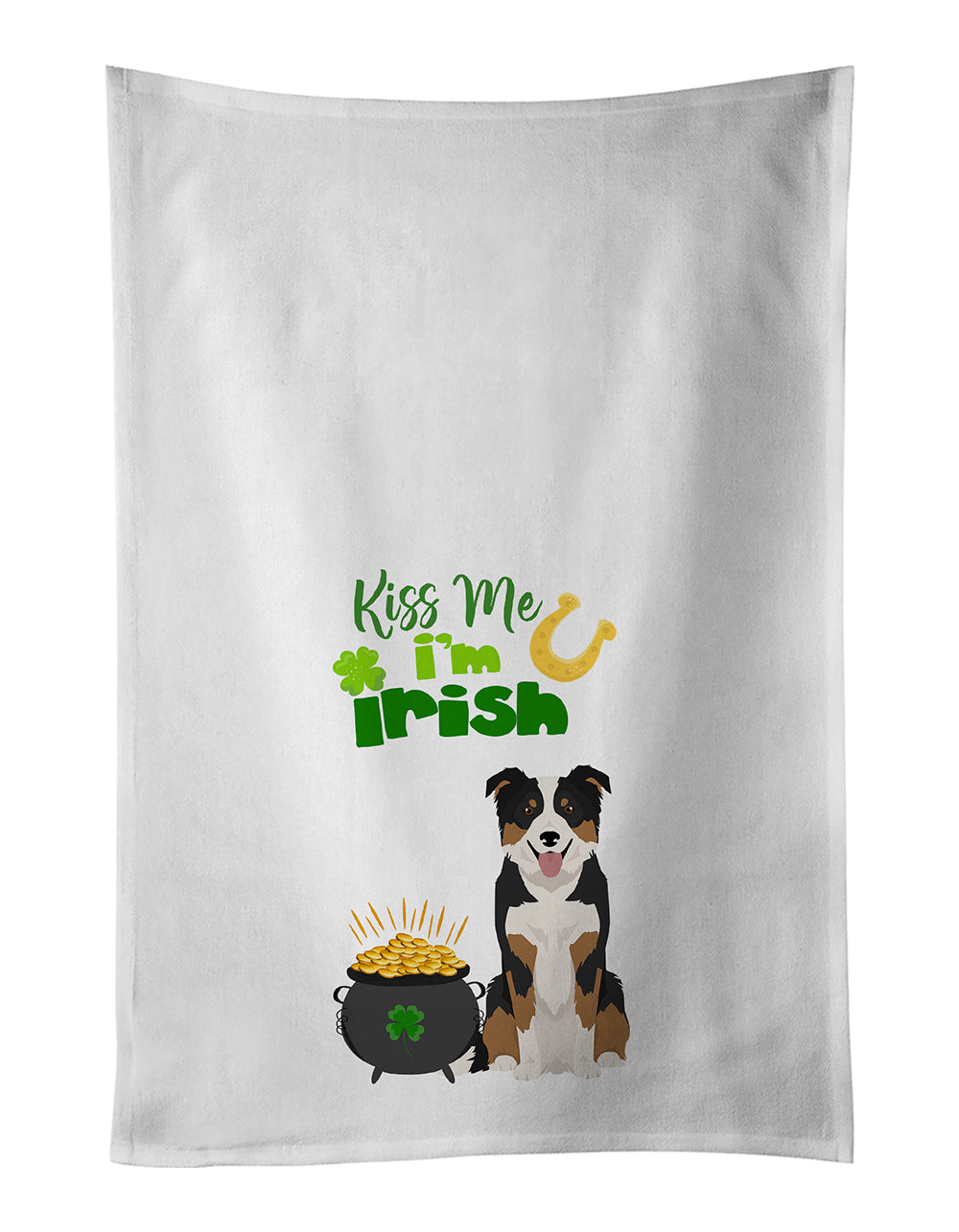 Buy this Tricolor Border Collie St. Patrick&#39;s Day White Kitchen Towel Set of 2 Dish Towels