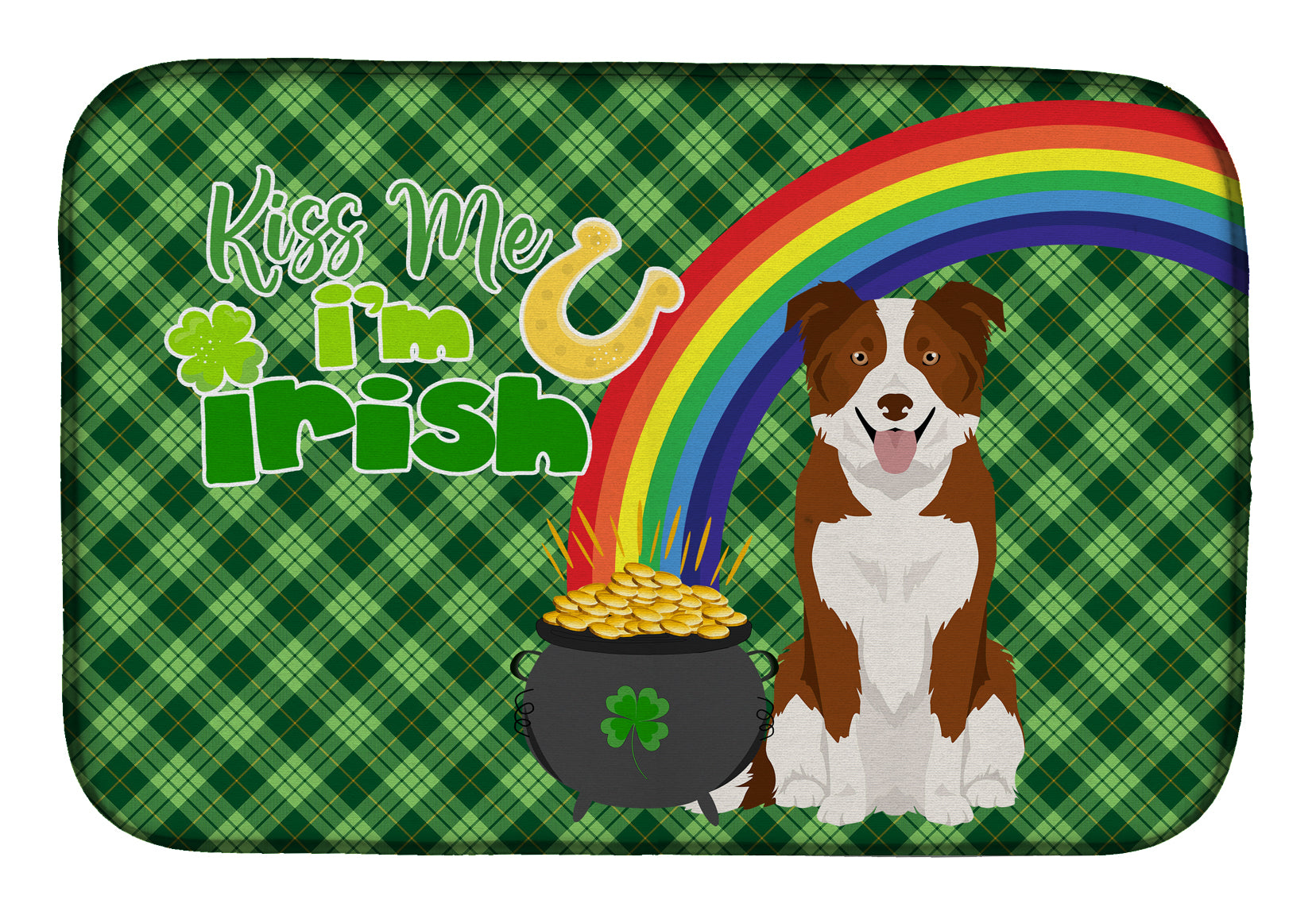 Red and White Border Collie St. Patrick's Day Dish Drying Mat  the-store.com.