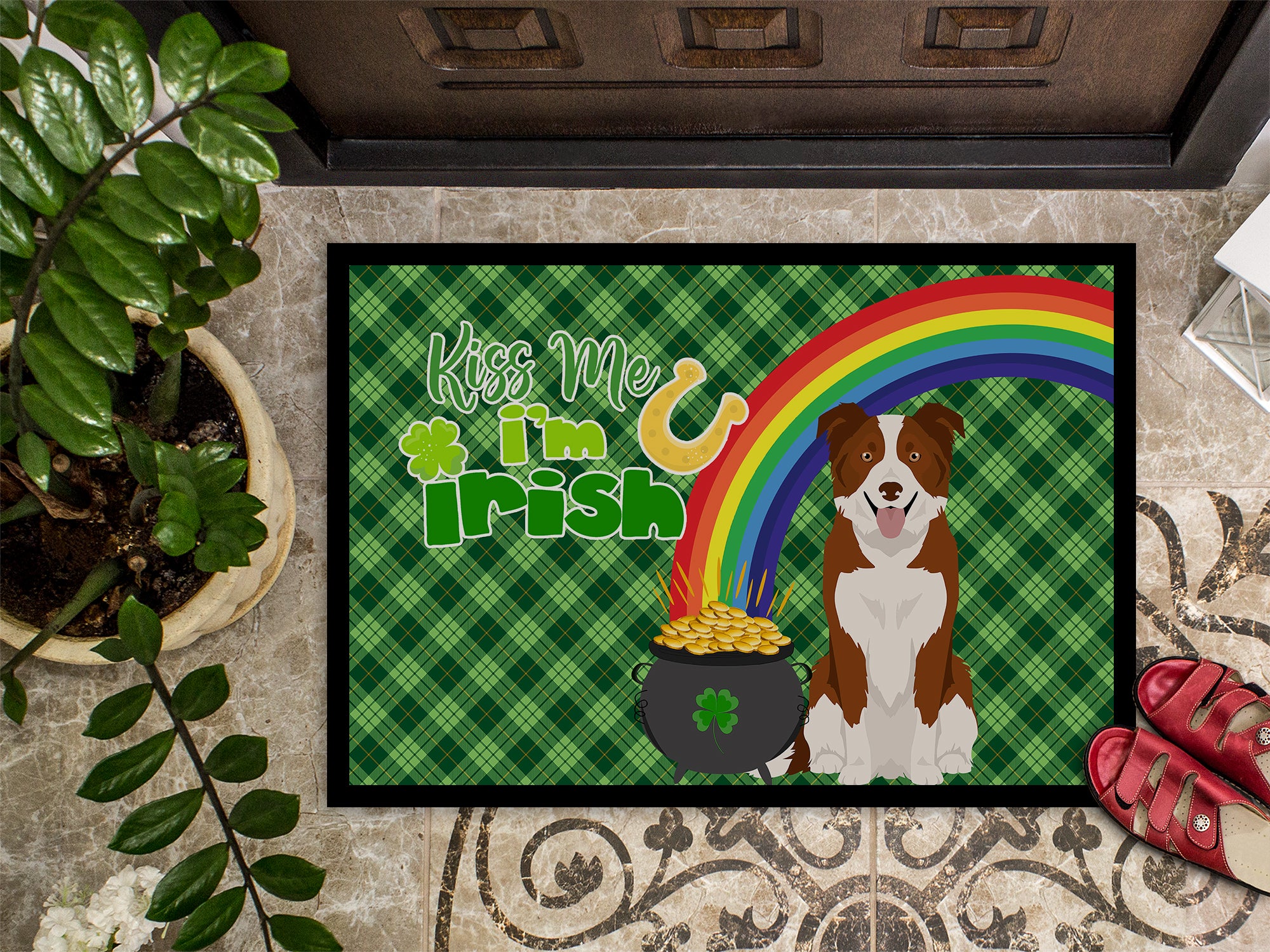Red and White Border Collie St. Patrick's Day Indoor or Outdoor Mat 24x36 - the-store.com