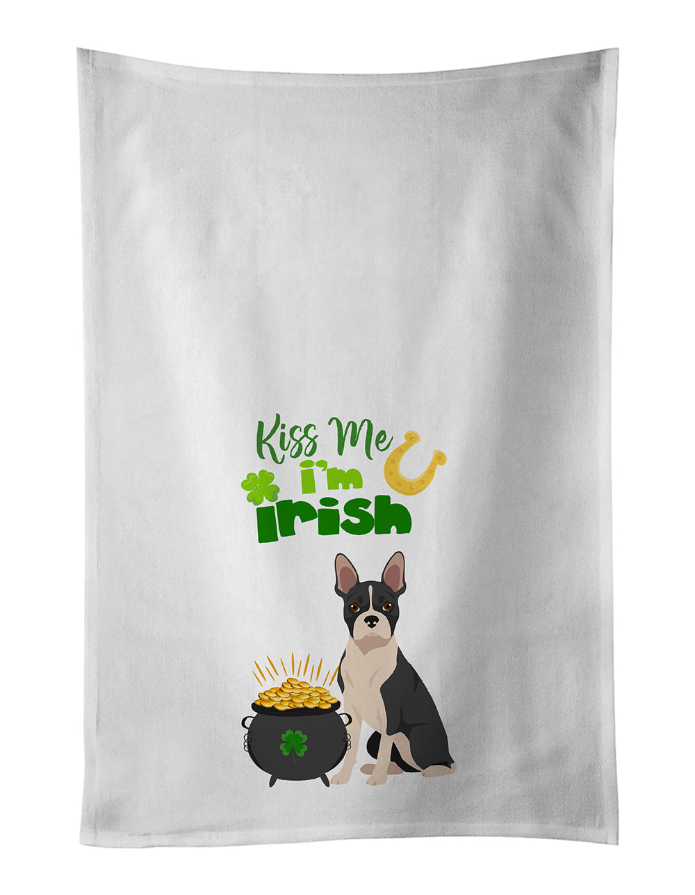 Buy this Black Boston Terrier St. Patrick&#39;s Day White Kitchen Towel Set of 2 Dish Towels