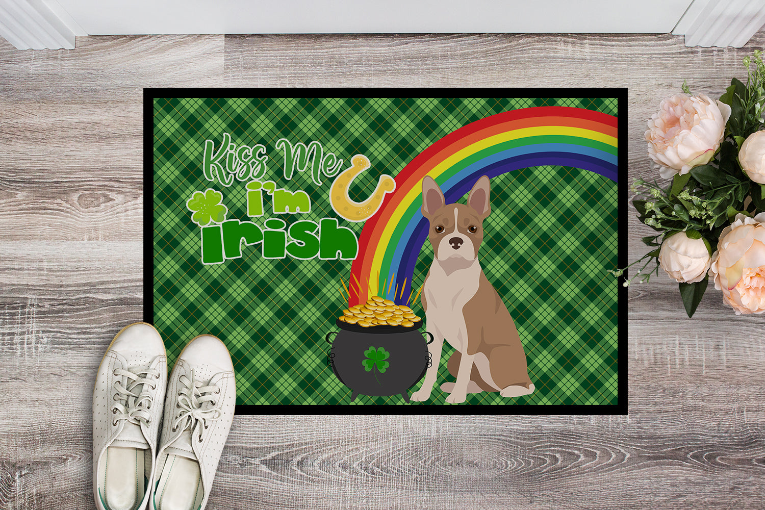 Fawn Boston Terrier St. Patrick's Day Indoor or Outdoor Mat 24x36 - the-store.com