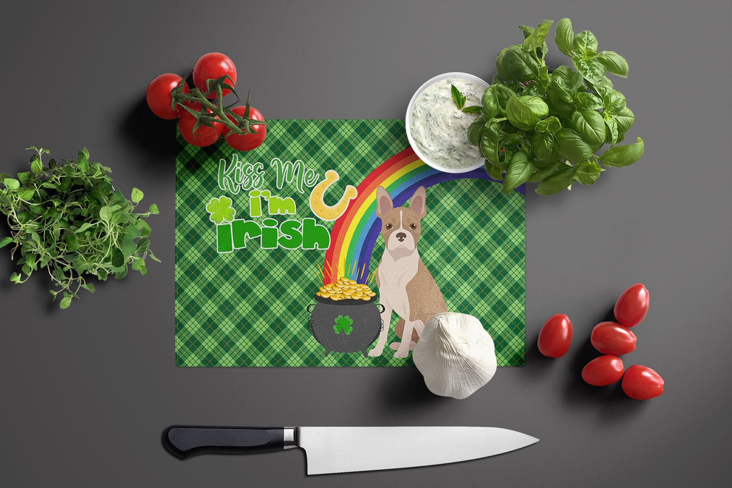 Fawn Boston Terrier St. Patrick's Day Glass Cutting Board Large - the-store.com