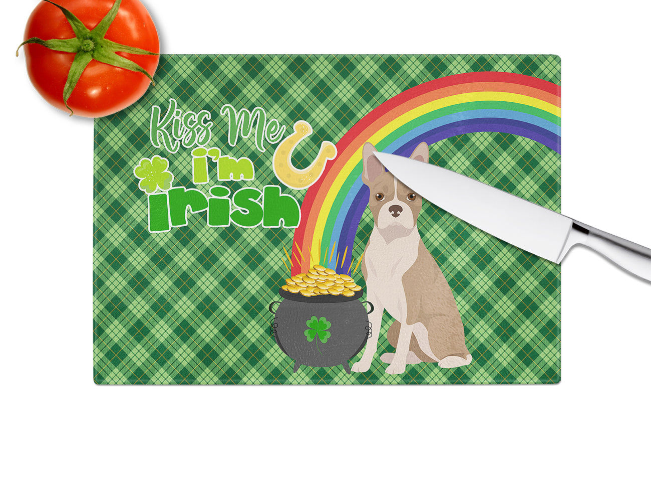 Fawn Boston Terrier St. Patrick's Day Glass Cutting Board Large - the-store.com