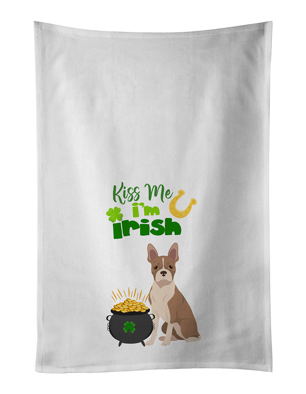 Buy this Fawn Boston Terrier St. Patrick&#39;s Day White Kitchen Towel Set of 2 Dish Towels