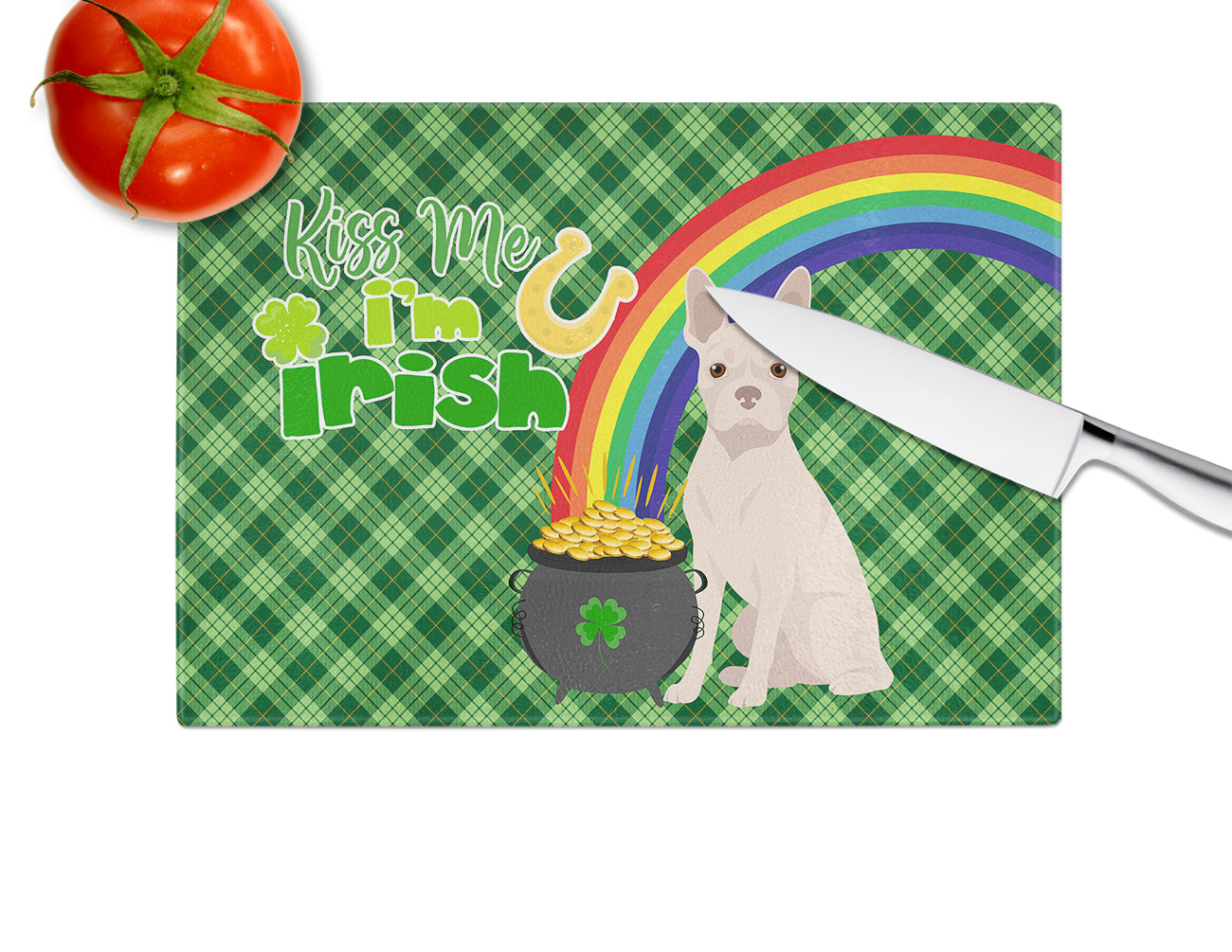 White Boston Terrier St. Patrick's Day Glass Cutting Board Large - the-store.com