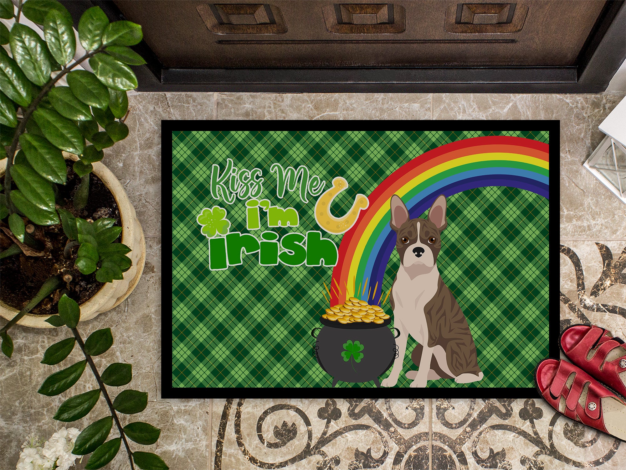 Brindle Boston Terrier St. Patrick's Day Indoor or Outdoor Mat 24x36 - the-store.com