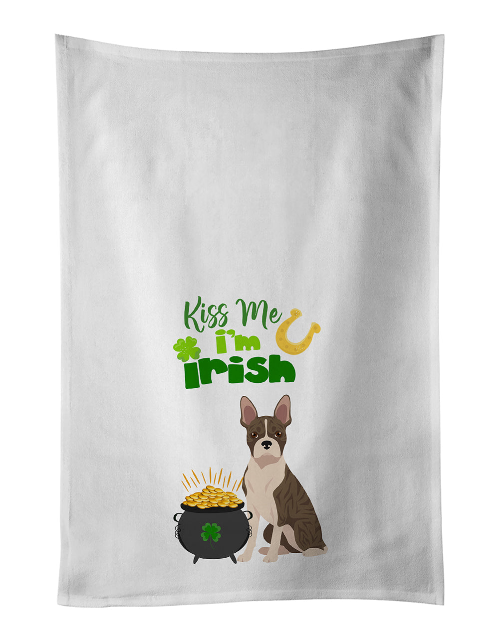 Buy this Brindle Boston Terrier St. Patrick&#39;s Day White Kitchen Towel Set of 2 Dish Towels