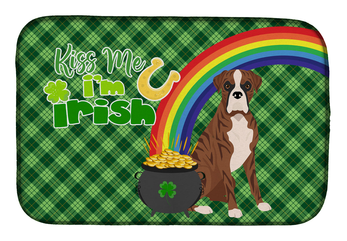 Natural Eared Red Brindle Boxer St. Patrick&#39;s Day Dish Drying Mat
