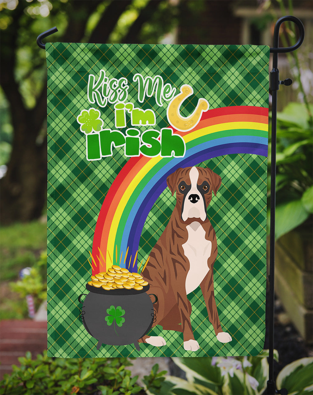 Natural Eared Red Brindle Boxer St. Patrick's Day Flag Garden Size  the-store.com.