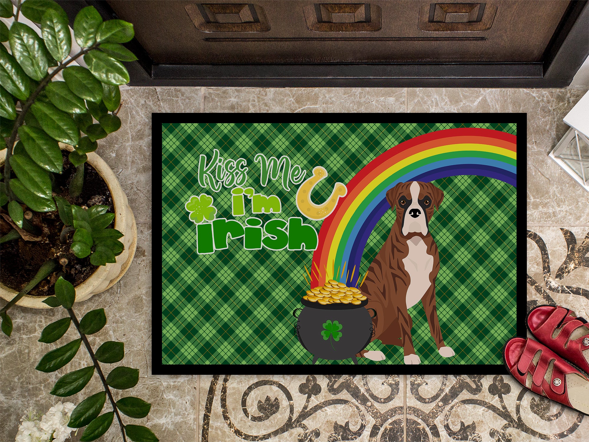 Natural Eared Red Brindle Boxer St. Patrick's Day Indoor or Outdoor Mat 24x36 - the-store.com