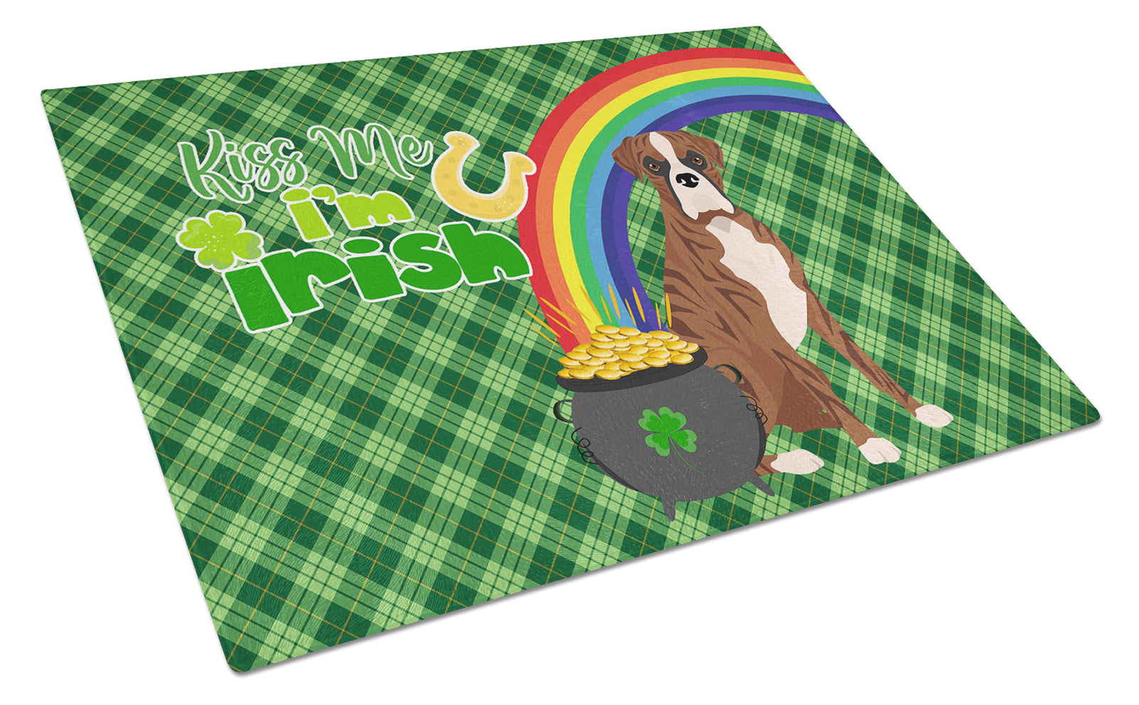 Buy this Natural Eared Red Brindle Boxer St. Patrick's Day Glass Cutting Board Large