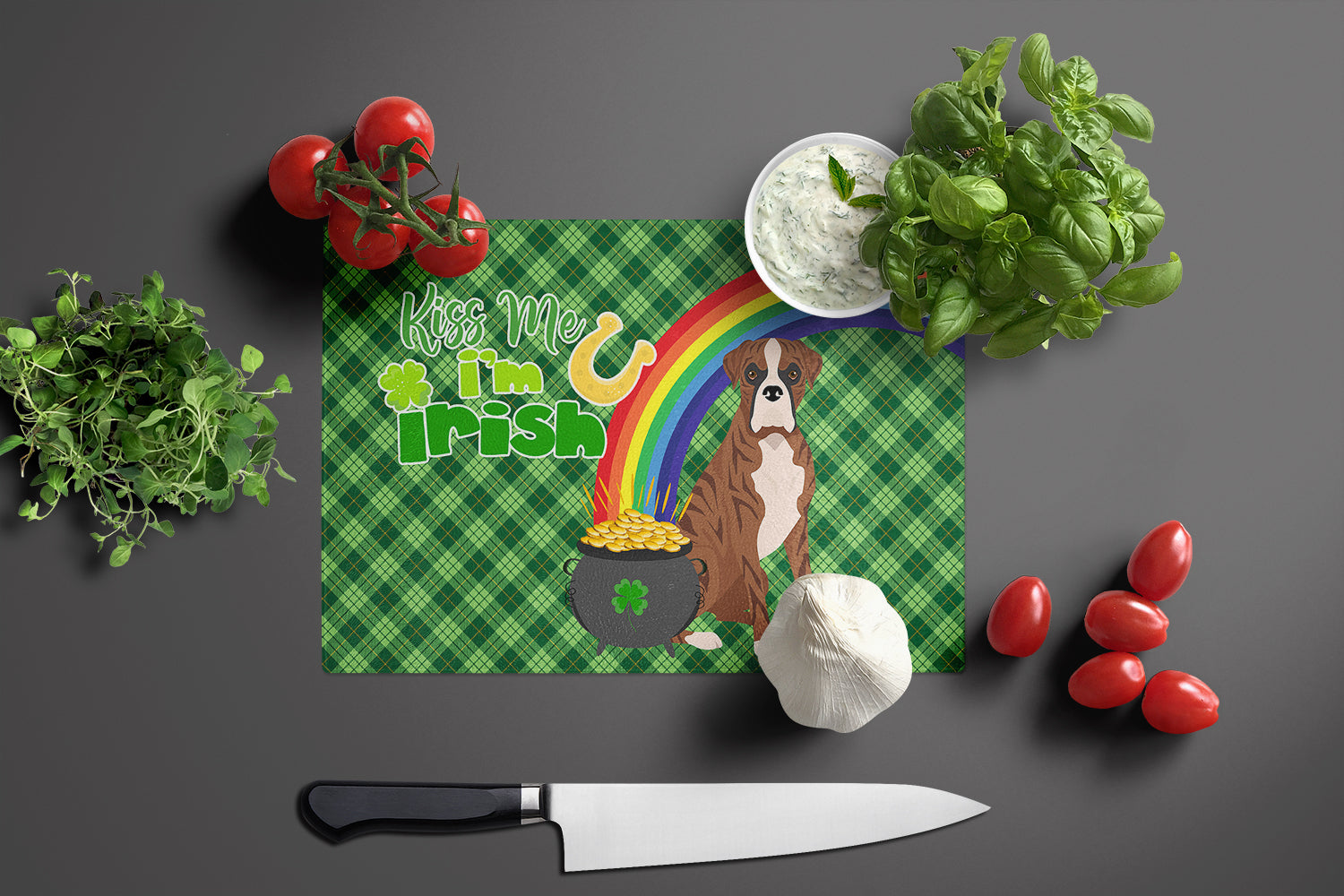 Natural Eared Red Brindle Boxer St. Patrick's Day Glass Cutting Board Large - the-store.com