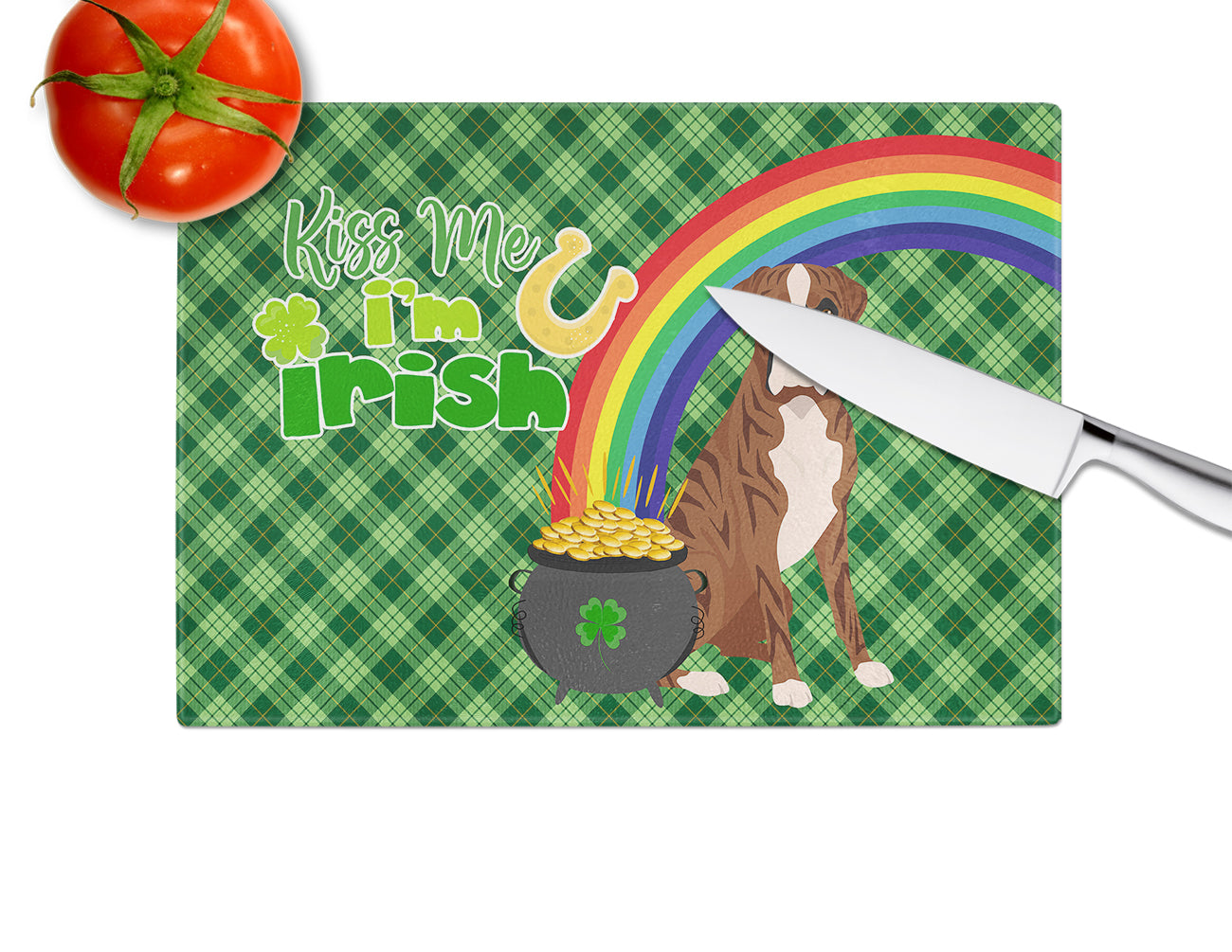Natural Eared Red Brindle Boxer St. Patrick's Day Glass Cutting Board Large - the-store.com