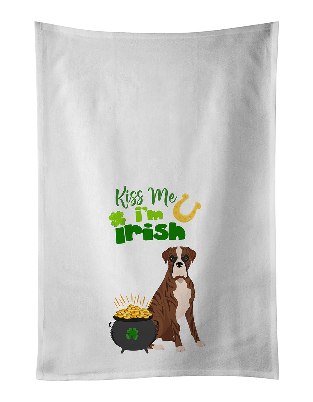 Buy this Natural Eared Red Brindle Boxer St. Patrick&#39;s Day White Kitchen Towel Set of 2 Dish Towels