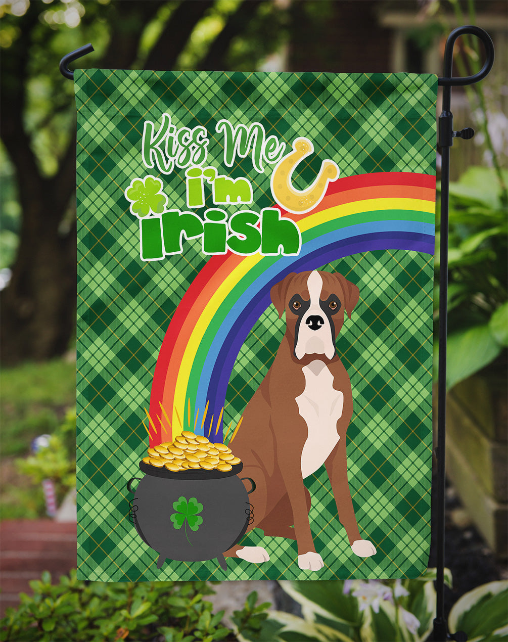 Natural Eared Red Fawn Boxer St. Patrick's Day Flag Garden Size  the-store.com.