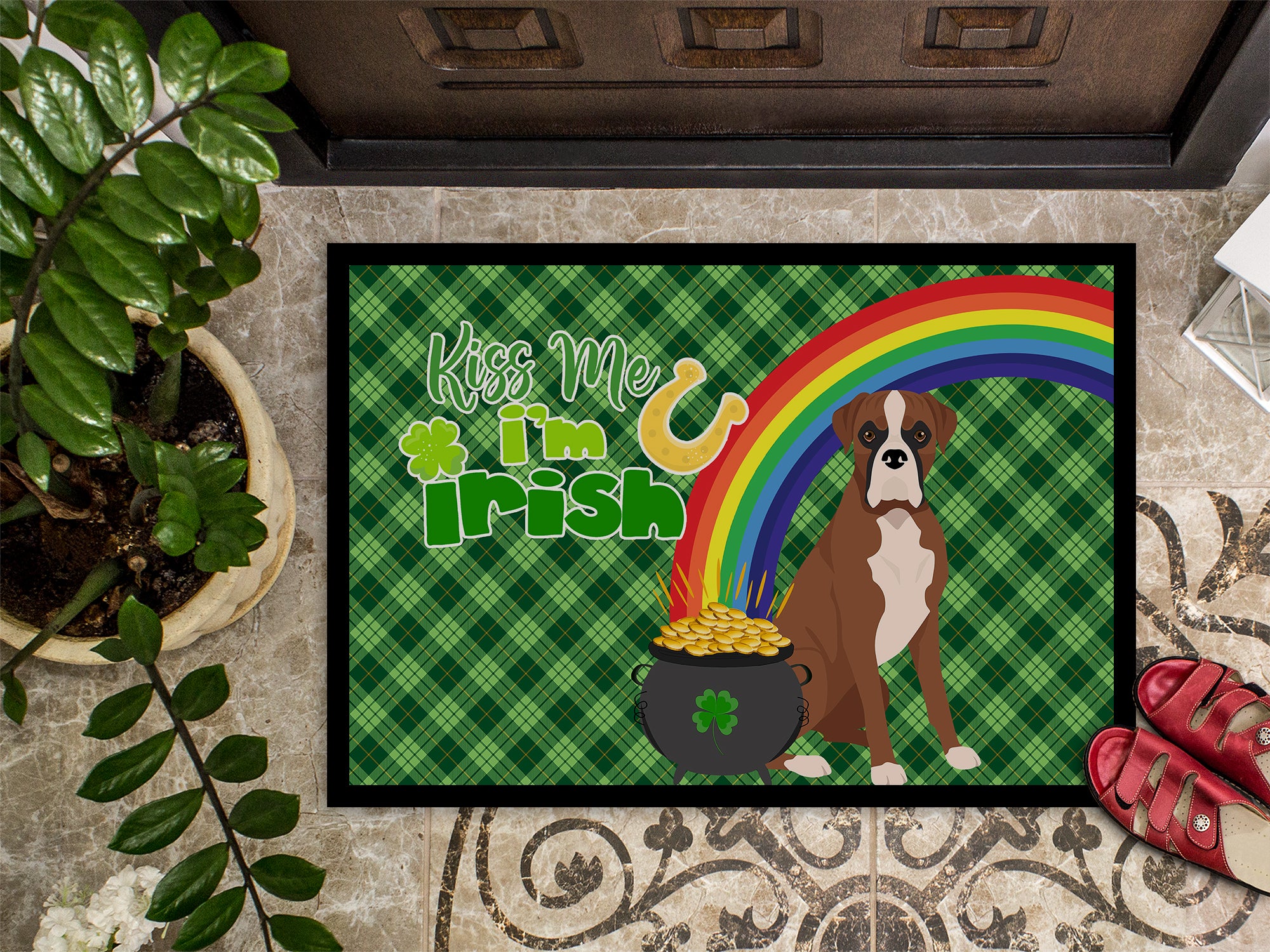 Natural Eared Red Fawn Boxer St. Patrick's Day Indoor or Outdoor Mat 24x36 - the-store.com