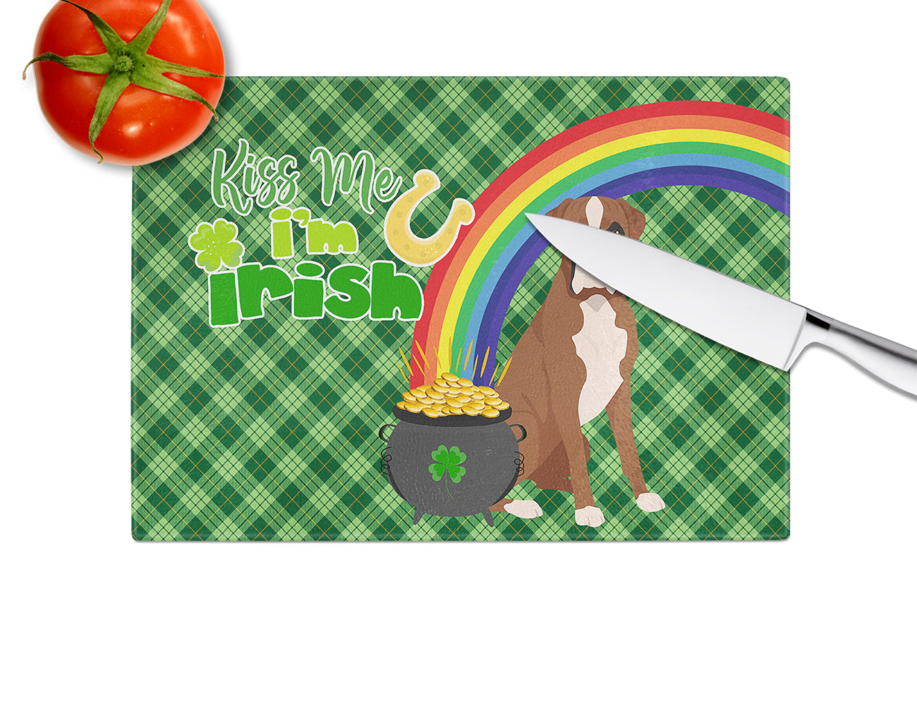 Natural Eared Red Fawn Boxer St. Patrick's Day Glass Cutting Board Large - the-store.com