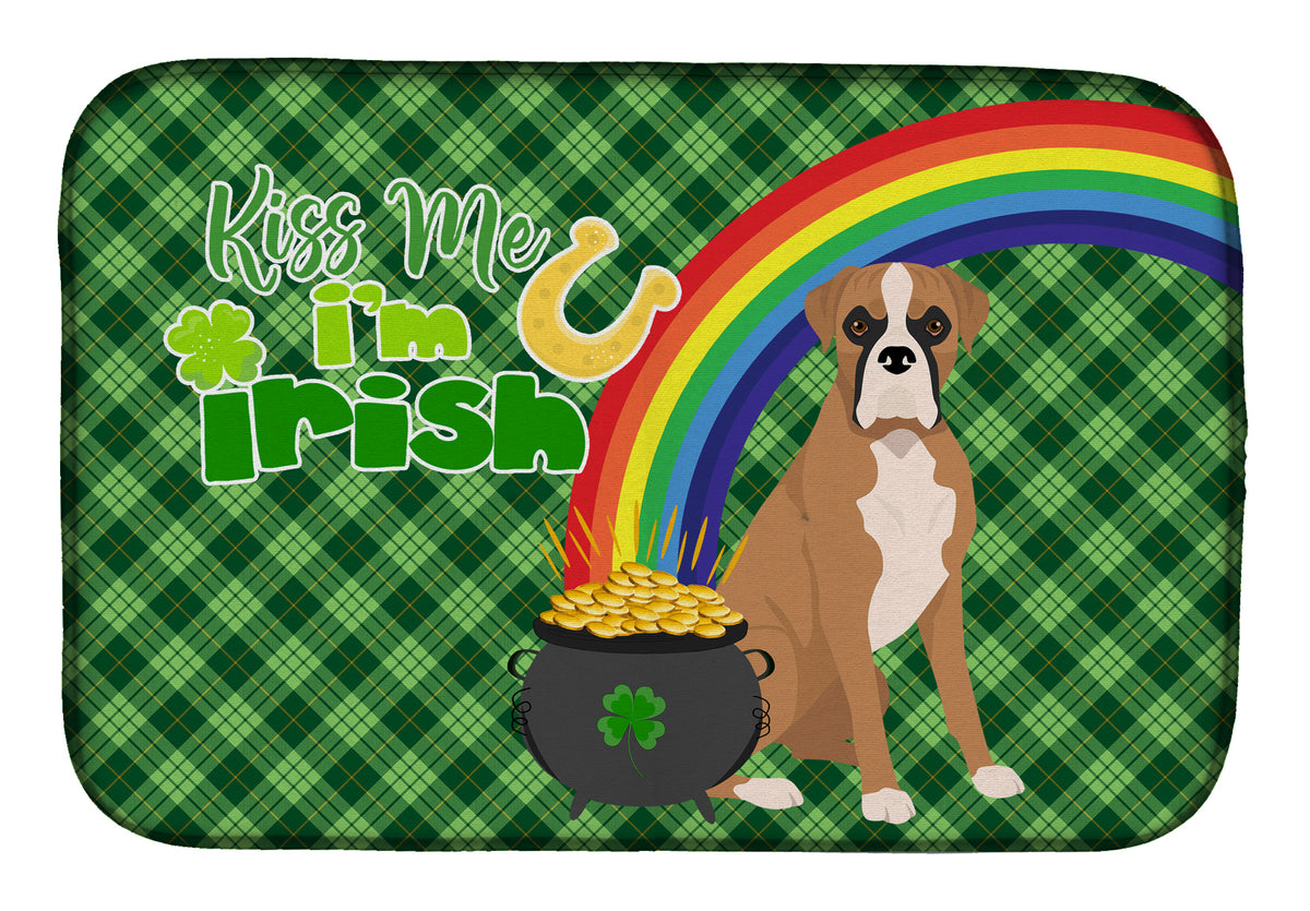 Natural Eared Fawn Boxer St. Patrick&#39;s Day Dish Drying Mat