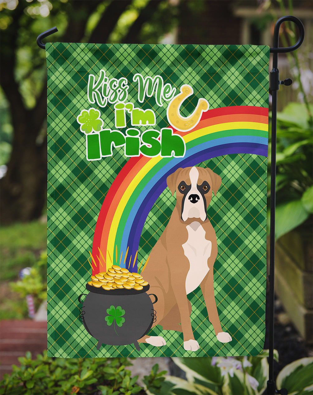 Natural Eared Fawn Boxer St. Patrick's Day Flag Garden Size  the-store.com.