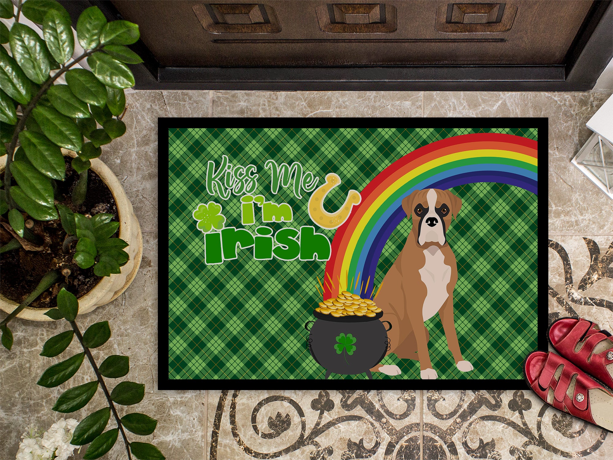 Natural Eared Fawn Boxer St. Patrick's Day Indoor or Outdoor Mat 24x36 - the-store.com