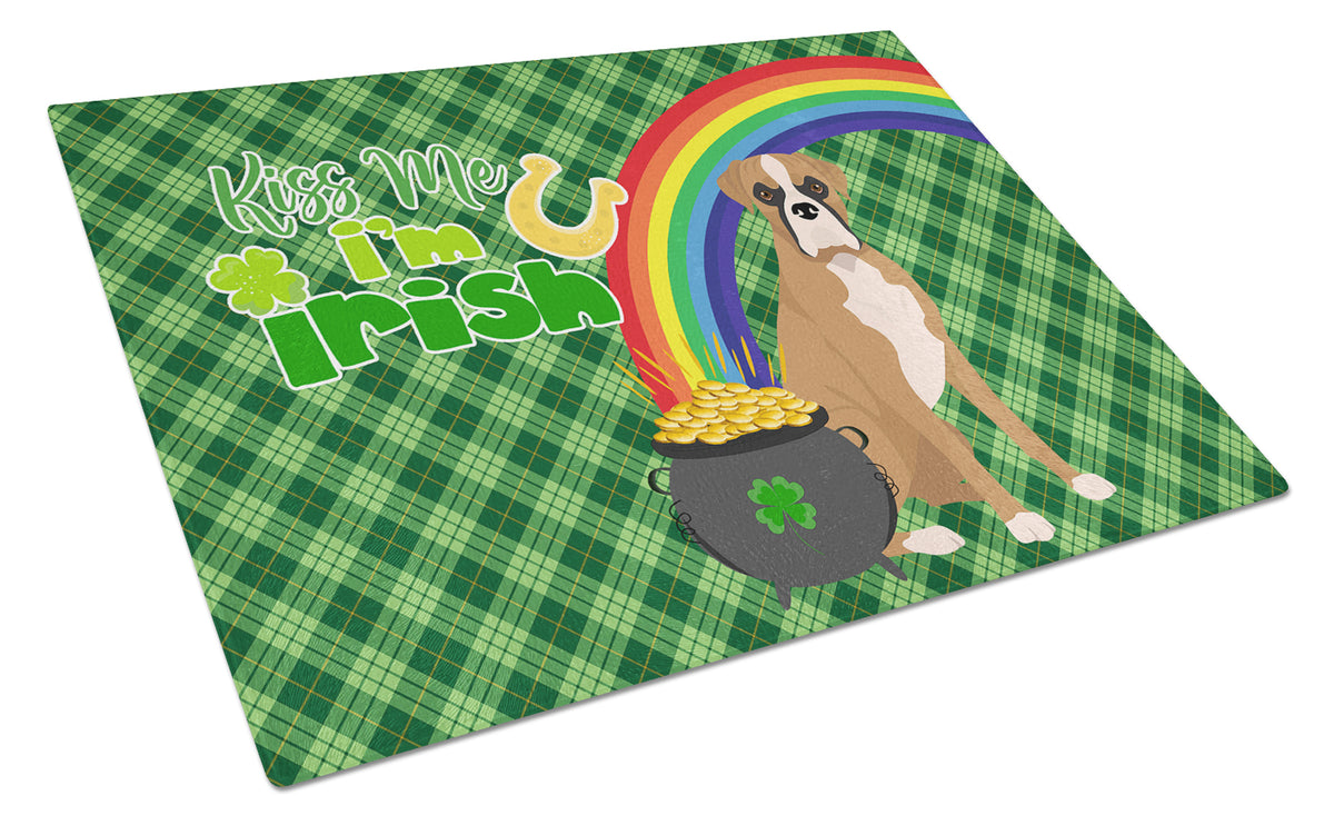 Buy this Natural Eared Fawn Boxer St. Patrick&#39;s Day Glass Cutting Board Large