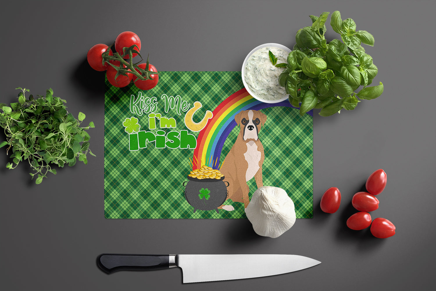 Natural Eared Fawn Boxer St. Patrick's Day Glass Cutting Board Large - the-store.com