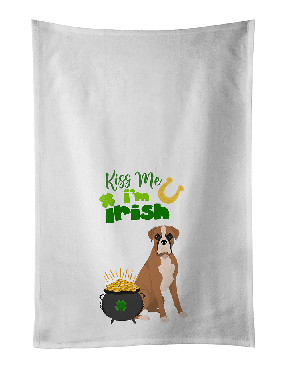 Buy this Natural Eared Fawn Boxer St. Patrick&#39;s Day White Kitchen Towel Set of 2 Dish Towels