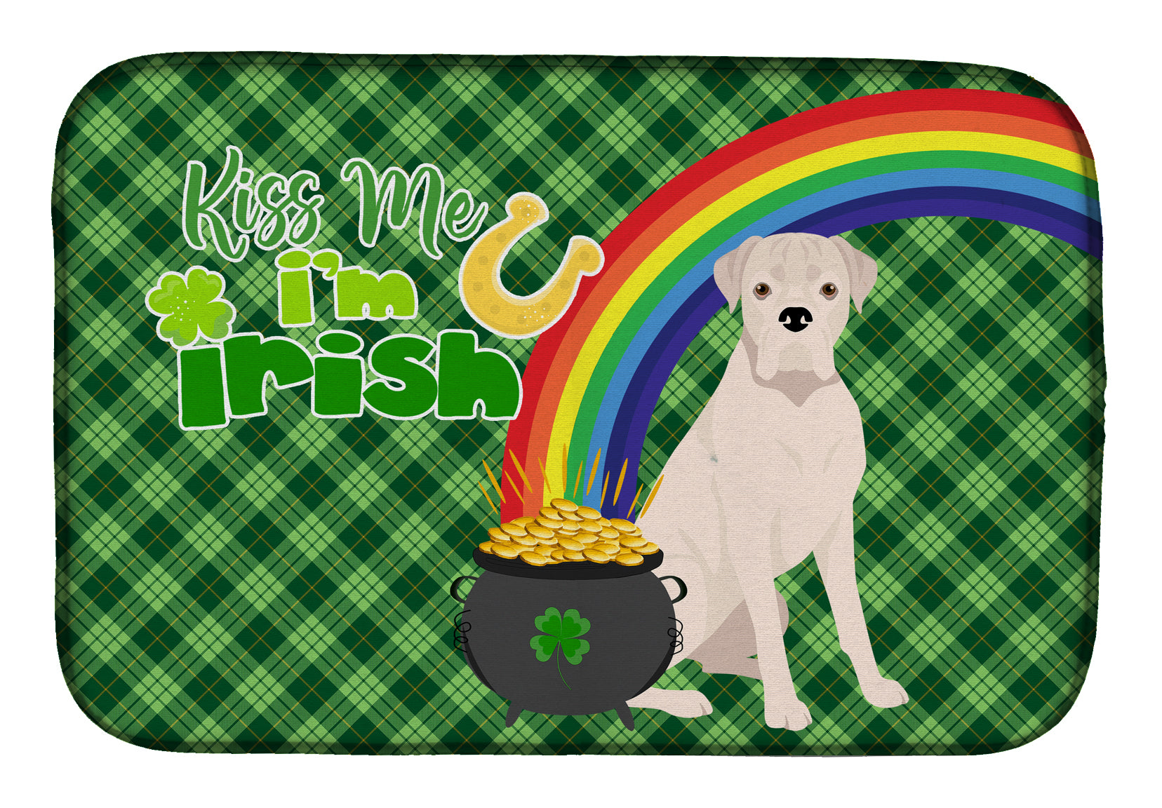 Natural Eared White Boxer St. Patrick's Day Dish Drying Mat