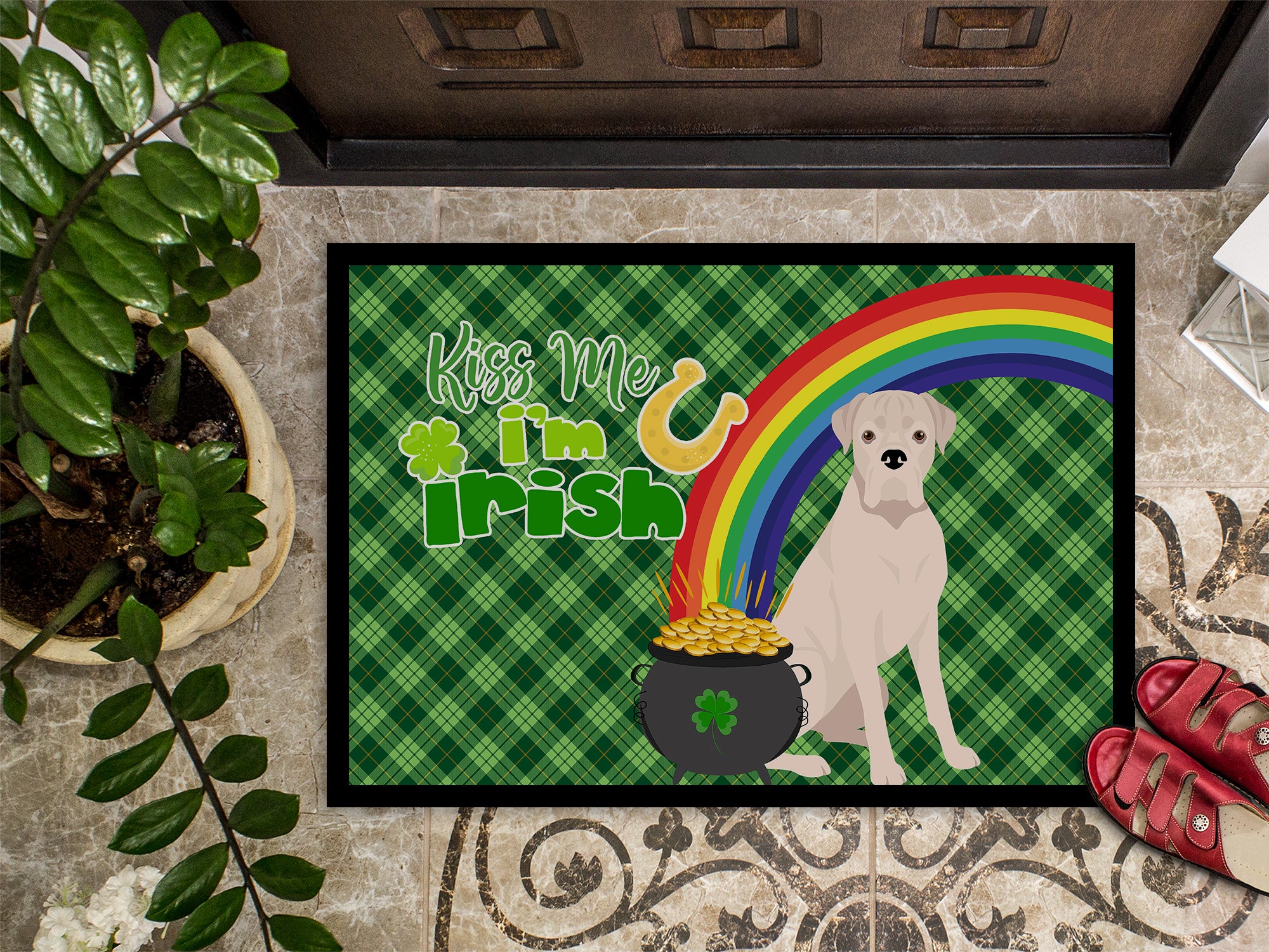 Natural Eared White Boxer St. Patrick's Day Indoor or Outdoor Mat 24x36 - the-store.com