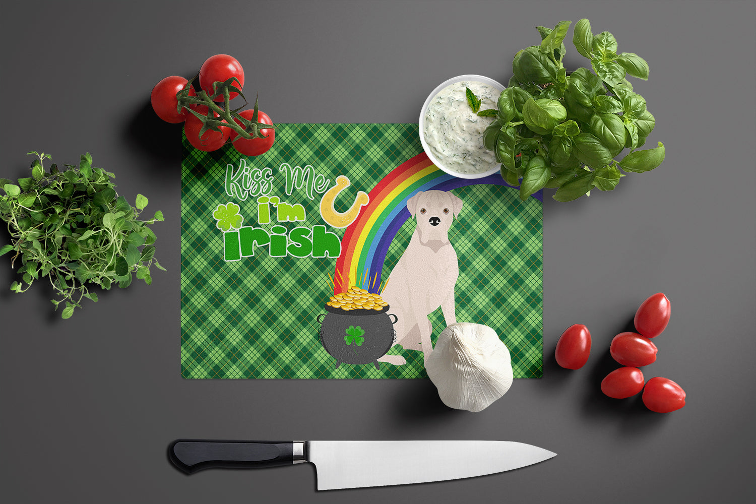 Natural Eared White Boxer St. Patrick's Day Glass Cutting Board Large - the-store.com