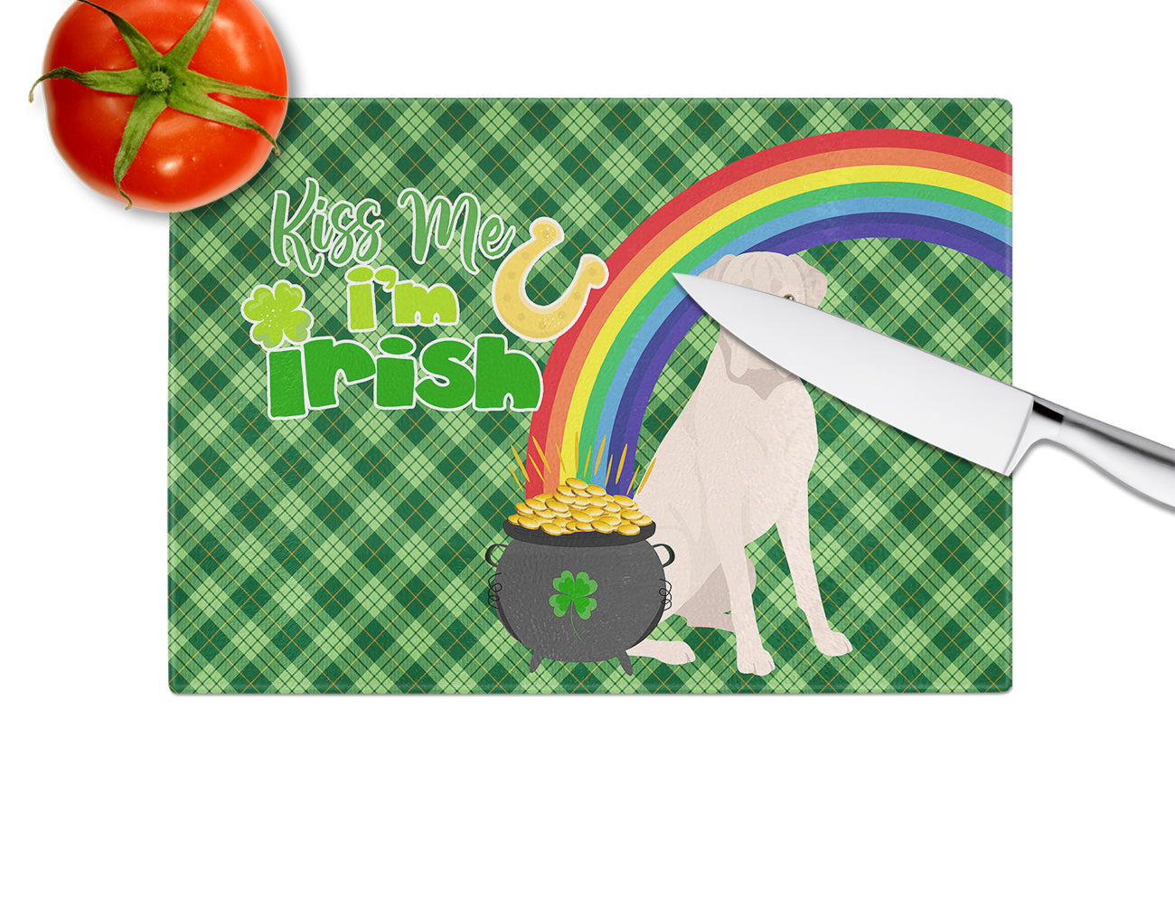 Natural Eared White Boxer St. Patrick's Day Glass Cutting Board Large - the-store.com