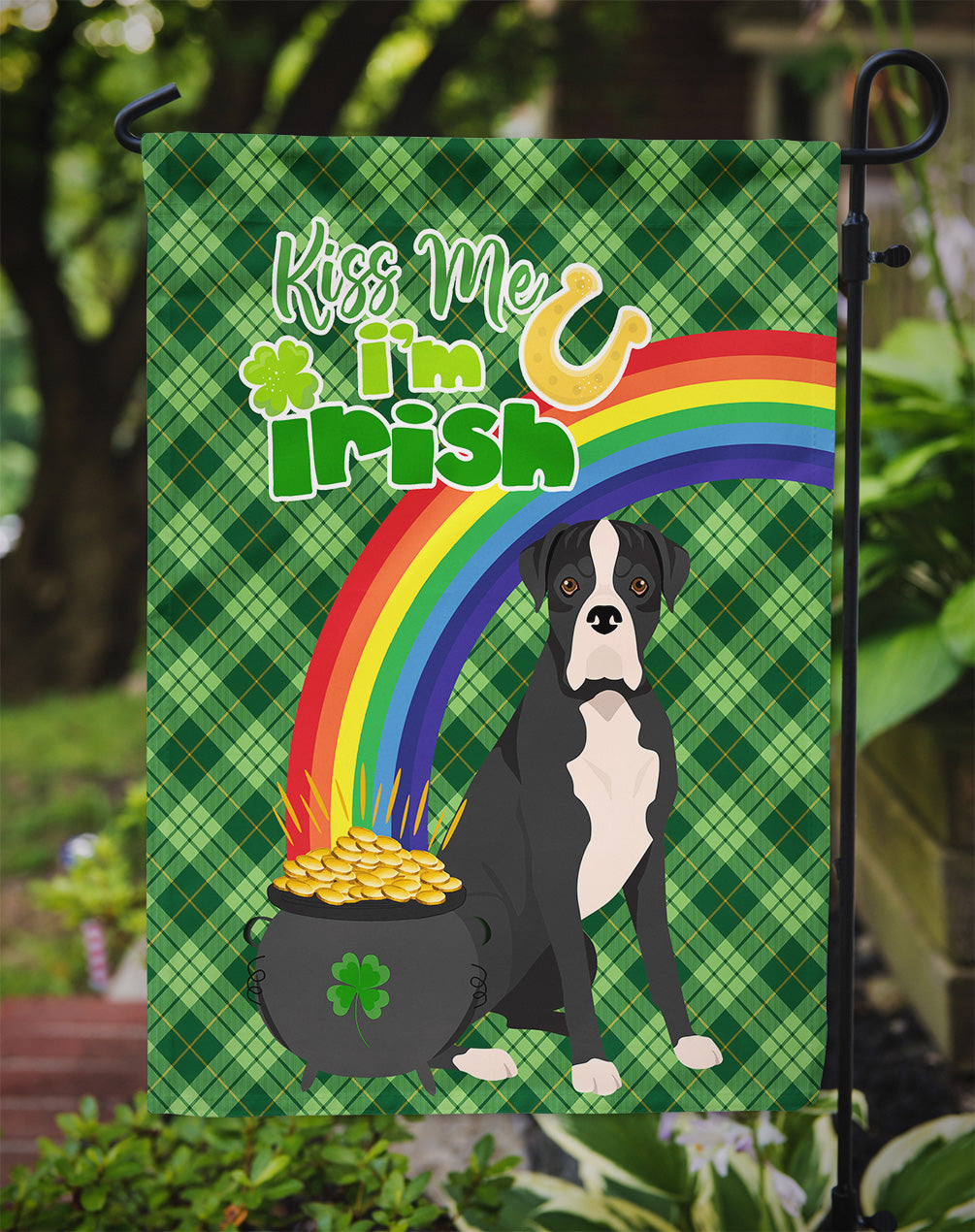 Natural Eared Black Boxer St. Patrick's Day Flag Garden Size  the-store.com.