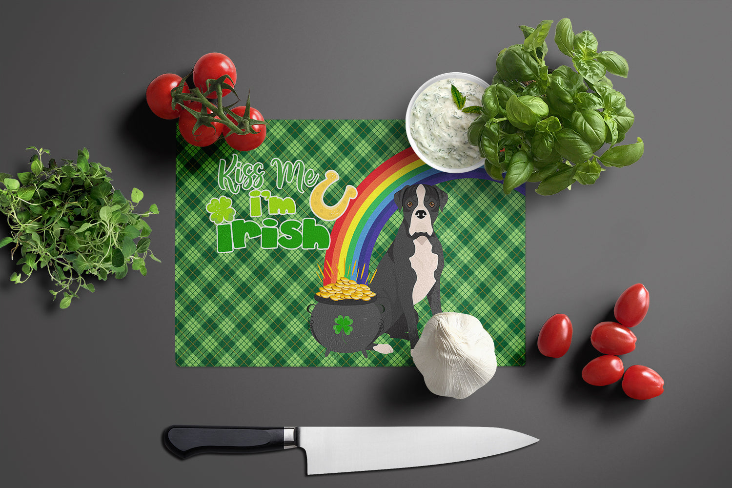 Natural Eared Black Boxer St. Patrick's Day Glass Cutting Board Large - the-store.com