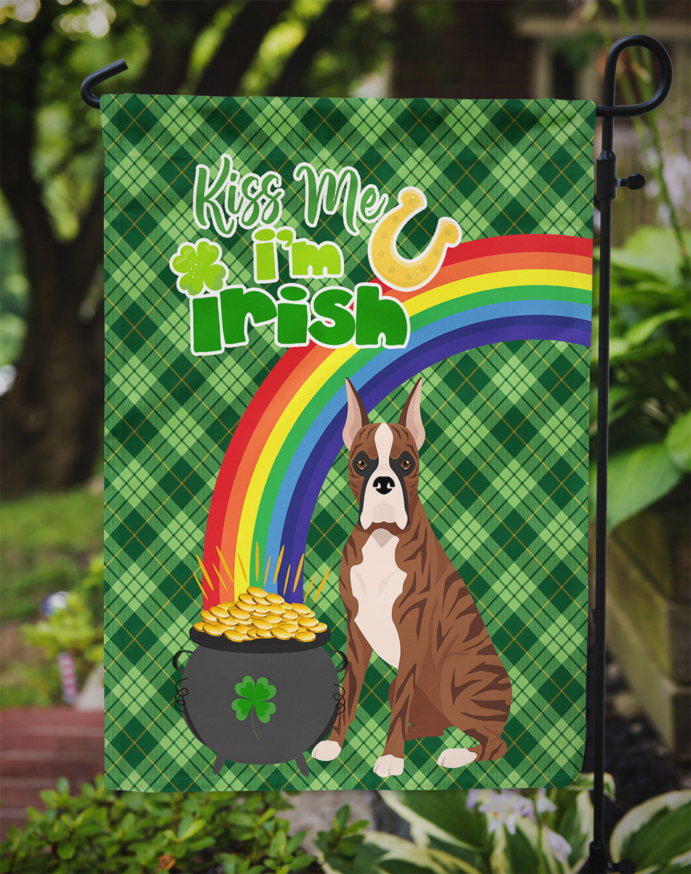 Red Brindle Boxer St. Patrick's Day Flag Garden Size