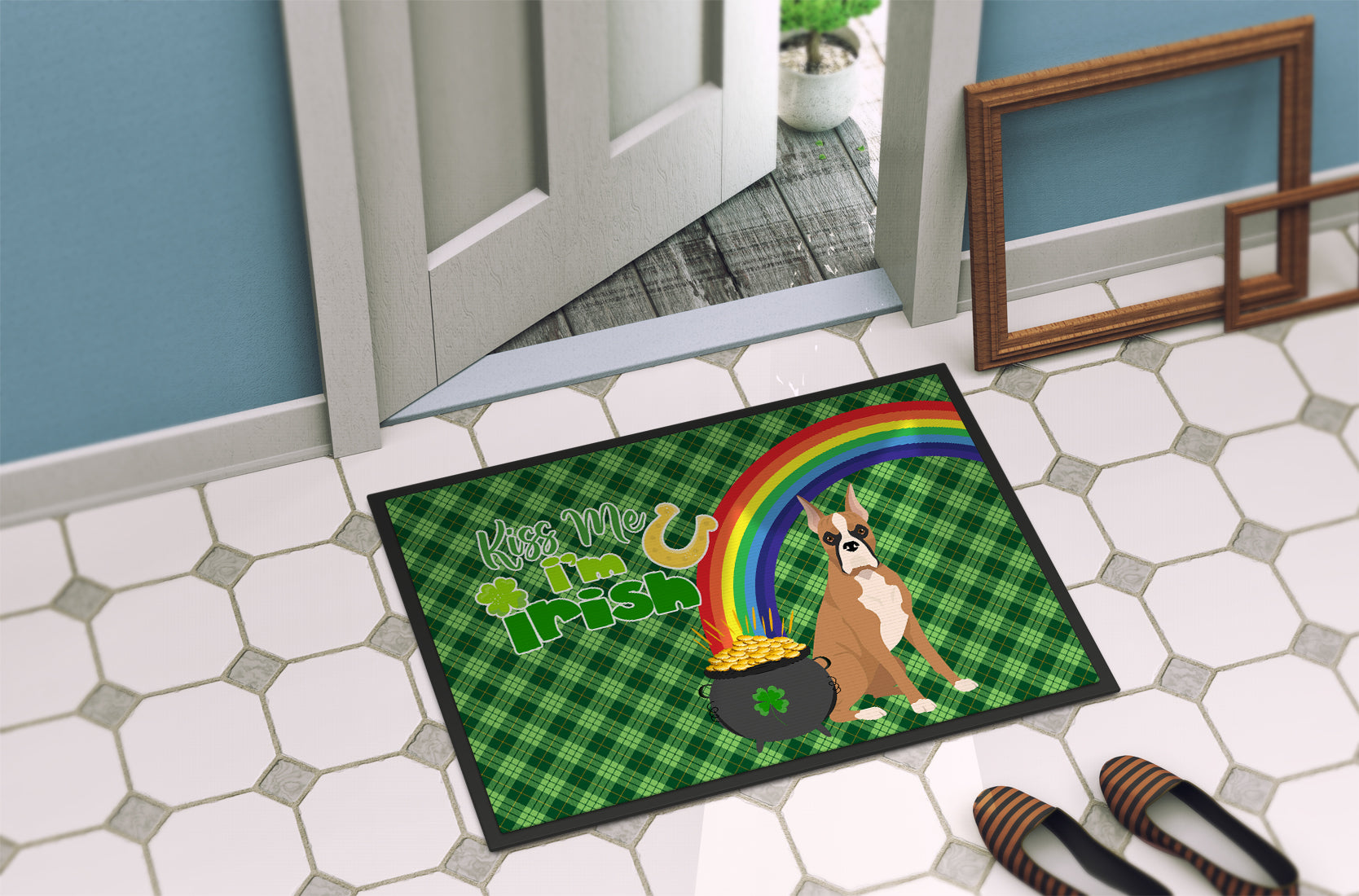 Fawn Boxer St. Patrick's Day Indoor or Outdoor Mat 24x36 - the-store.com