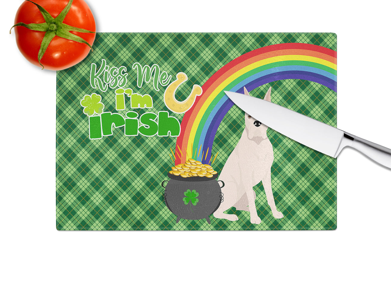 White Boxer St. Patrick's Day Glass Cutting Board Large - the-store.com