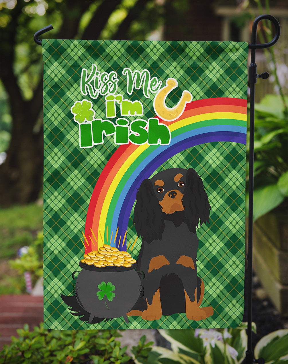 Black and Tan Cavalier Spaniel St. Patrick's Day Flag Garden Size  the-store.com.