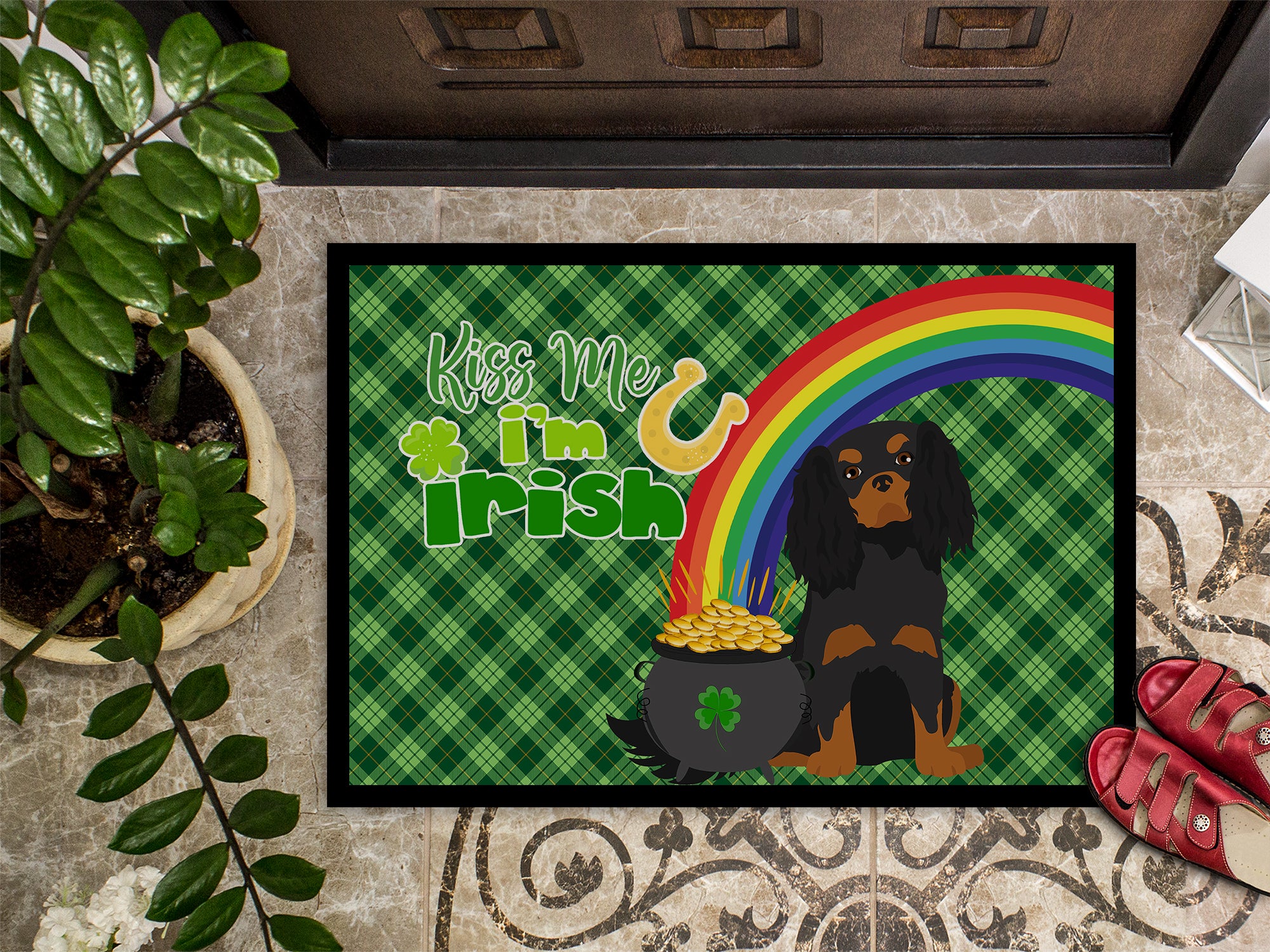 Black and Tan Cavalier Spaniel St. Patrick's Day Indoor or Outdoor Mat 24x36 - the-store.com
