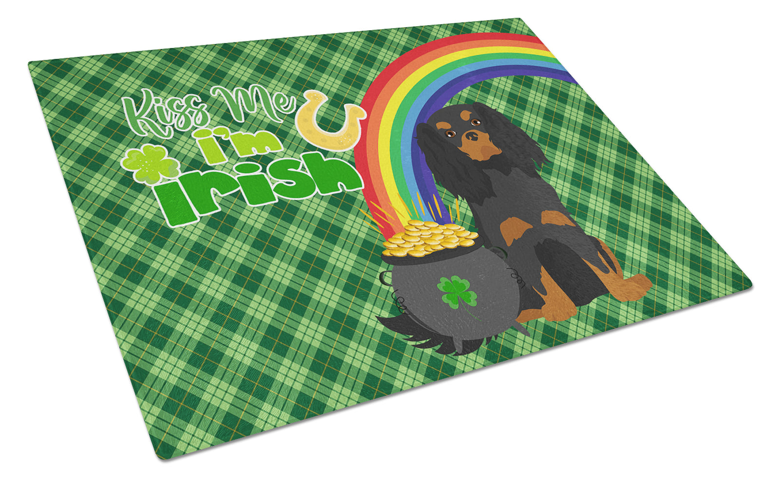 Buy this Black and Tan Cavalier Spaniel St. Patrick's Day Glass Cutting Board Large
