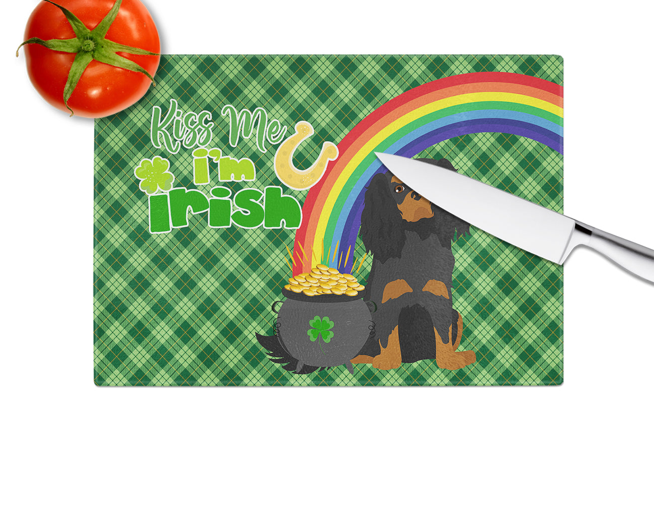 Black and Tan Cavalier Spaniel St. Patrick's Day Glass Cutting Board Large - the-store.com
