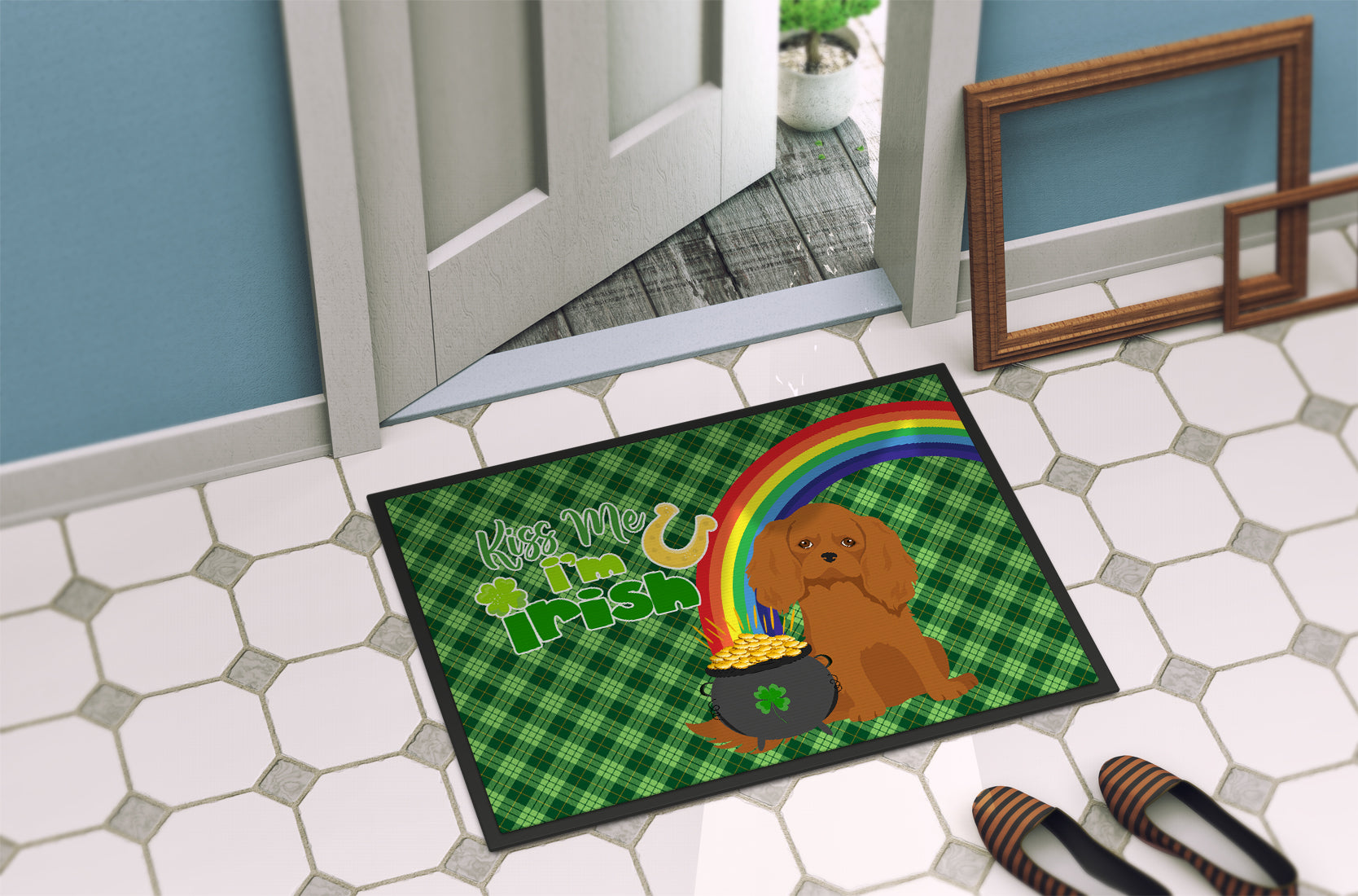 Ruby Cavalier Spaniel St. Patrick's Day Indoor or Outdoor Mat 24x36 - the-store.com