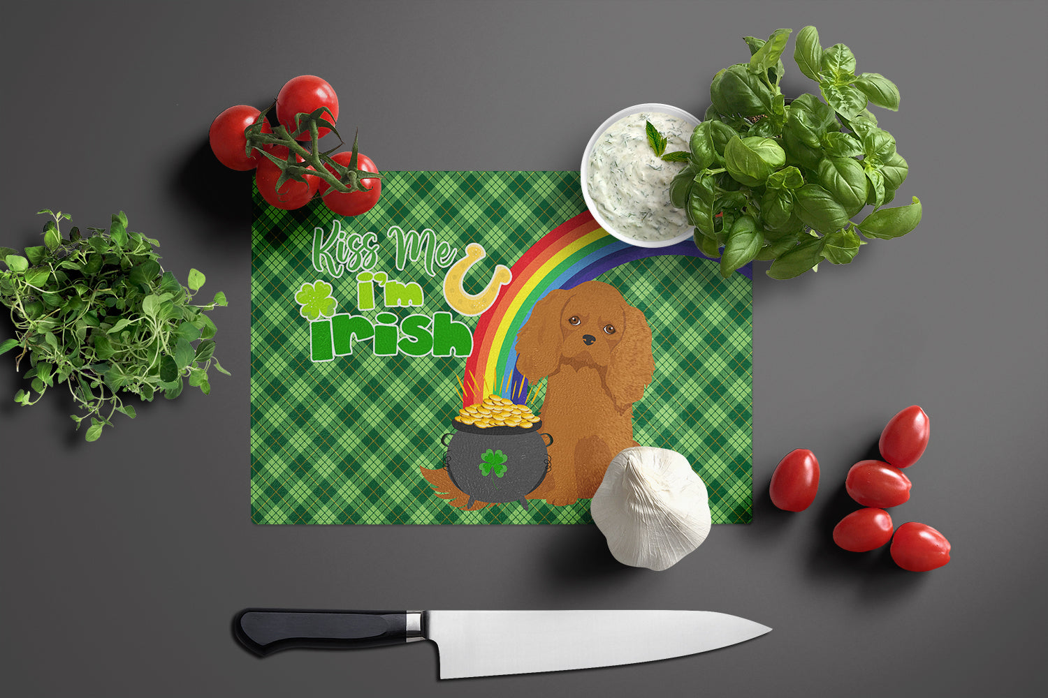 Ruby Cavalier Spaniel St. Patrick's Day Glass Cutting Board Large - the-store.com