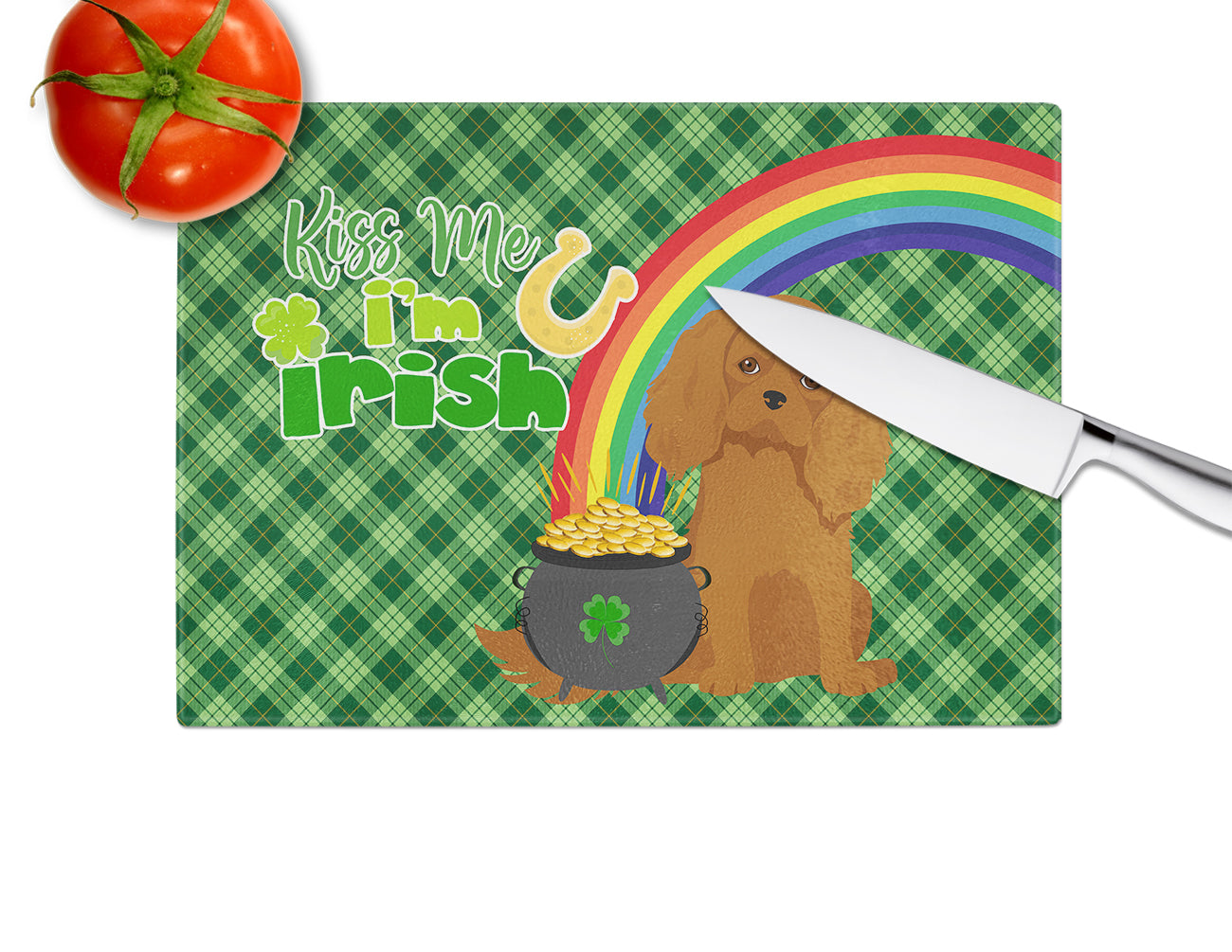 Ruby Cavalier Spaniel St. Patrick's Day Glass Cutting Board Large - the-store.com