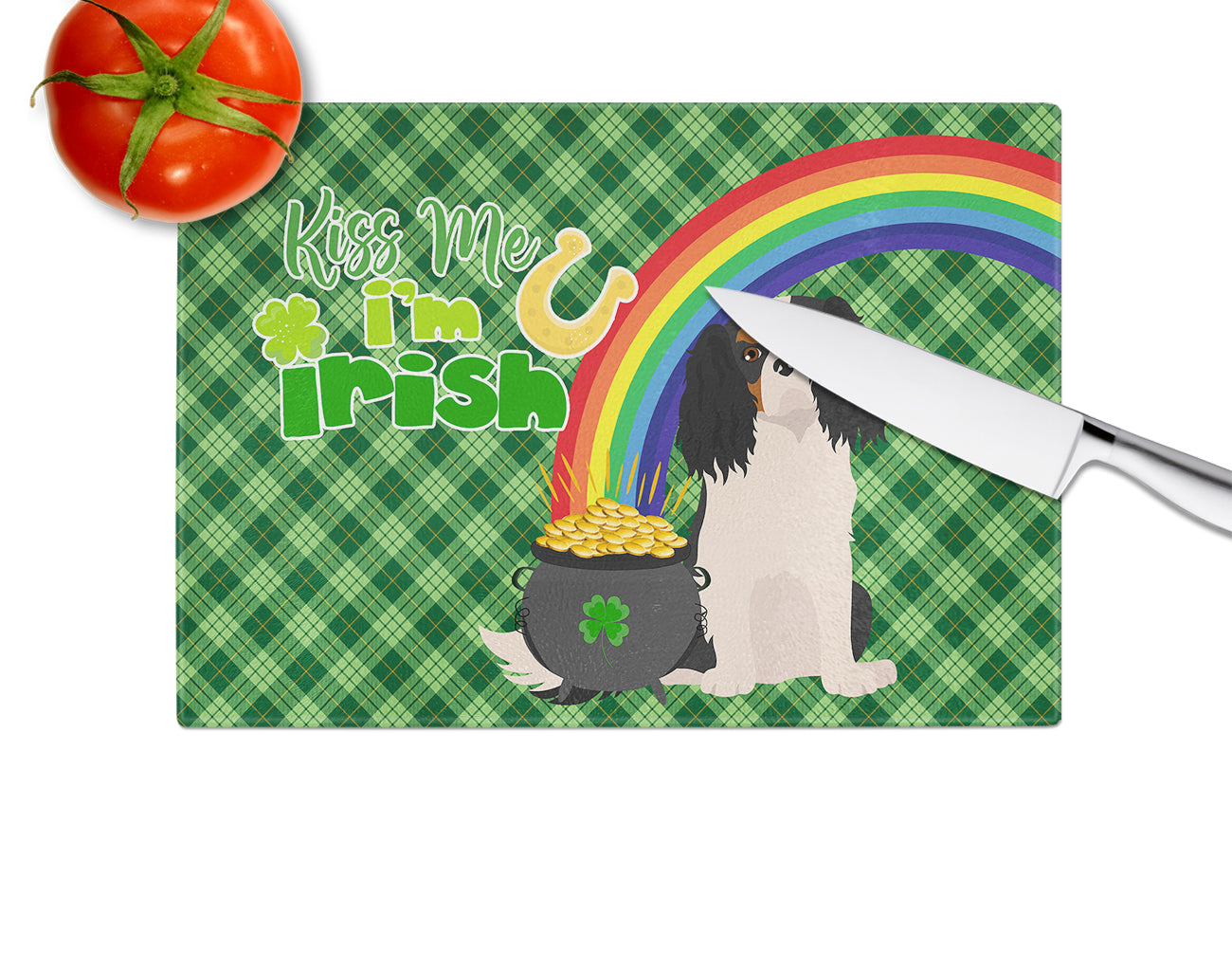 Tricolor Cavalier Spaniel St. Patrick's Day Glass Cutting Board Large - the-store.com