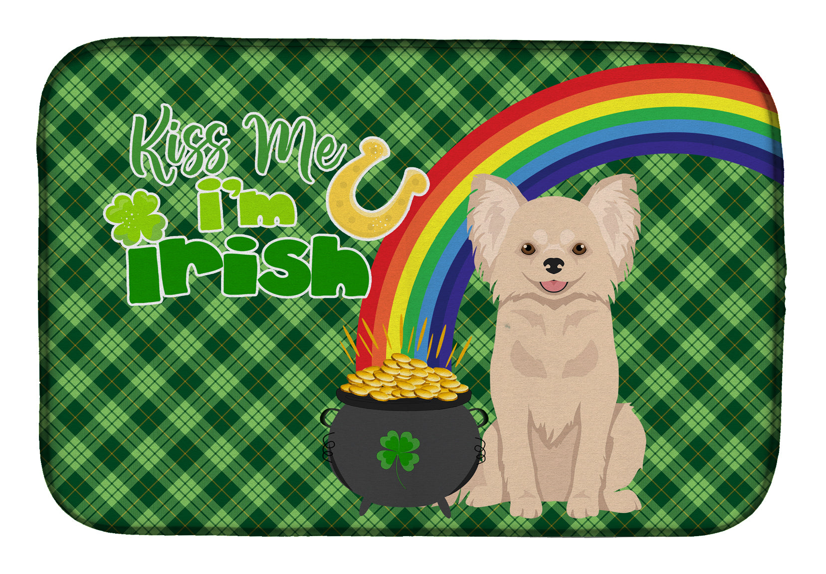 Longhaired Cream Chihuahua St. Patrick's Day Dish Drying Mat