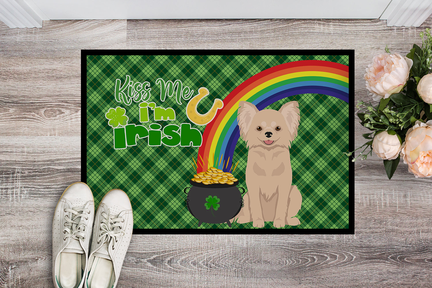 Longhaired Cream Chihuahua St. Patrick's Day Indoor or Outdoor Mat 24x36 - the-store.com