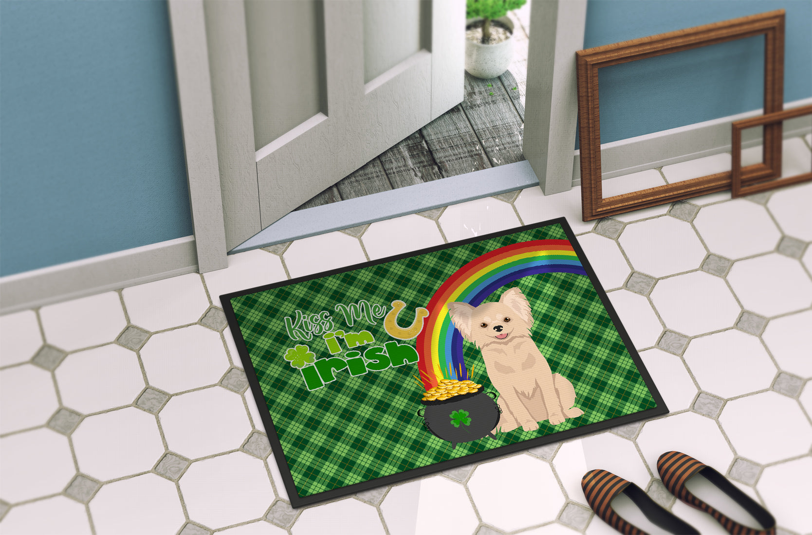 Longhaired Cream Chihuahua St. Patrick's Day Indoor or Outdoor Mat 24x36 - the-store.com