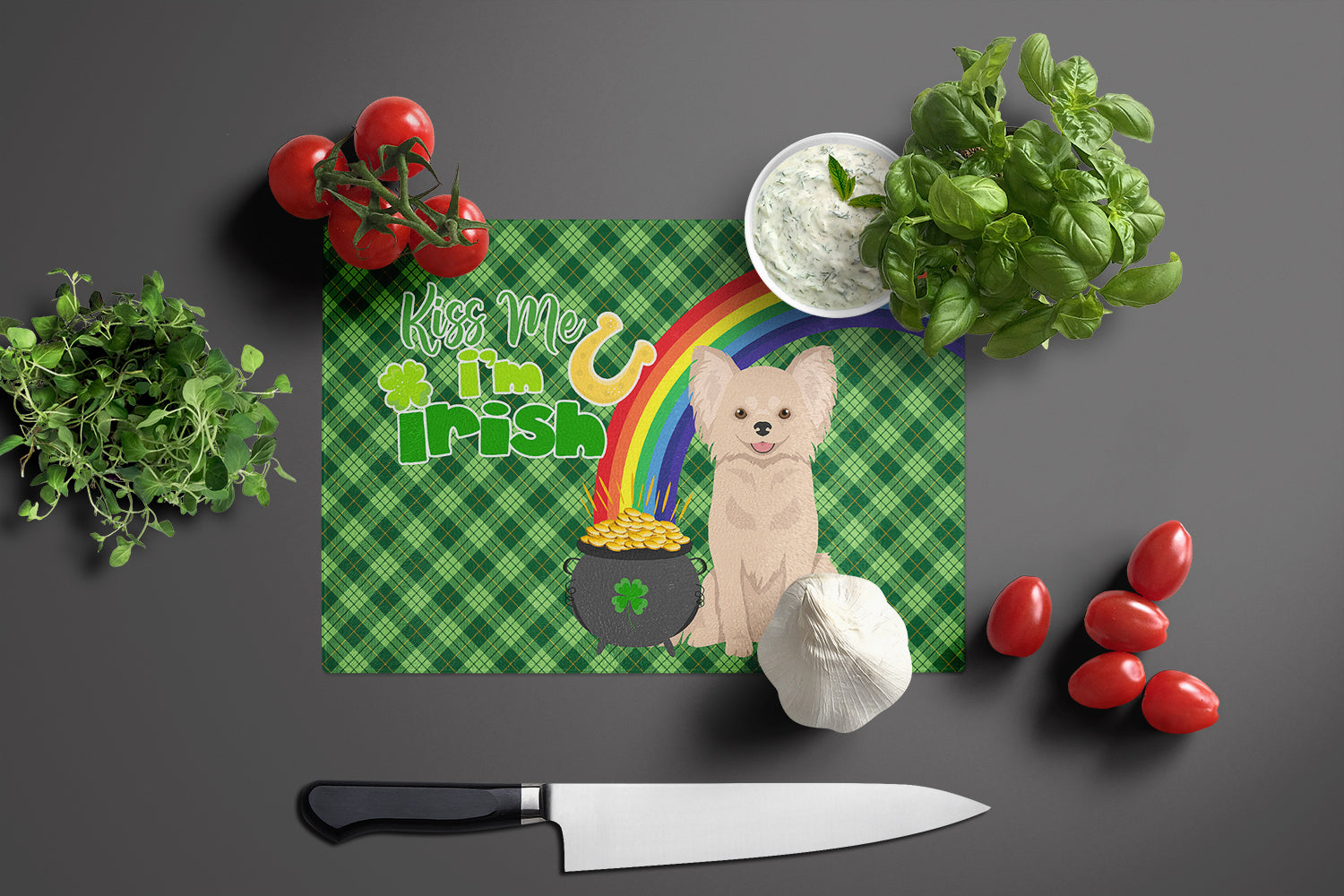 Longhaired Cream Chihuahua St. Patrick's Day Glass Cutting Board Large - the-store.com